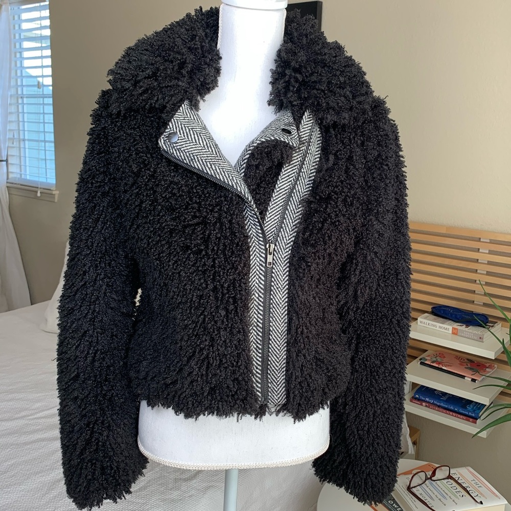 BAR III  Mongolian Faux-Fur Jacket Coat  Black  S